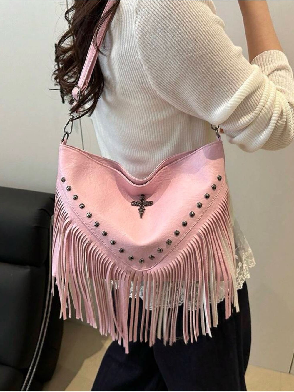 Soft Pink Fringe Shoulder Bag with Stud and Cross Accent